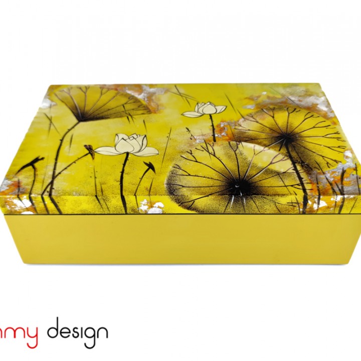 Yellow rectangular lacquer box hand-painted with water lily pond 18*30cm